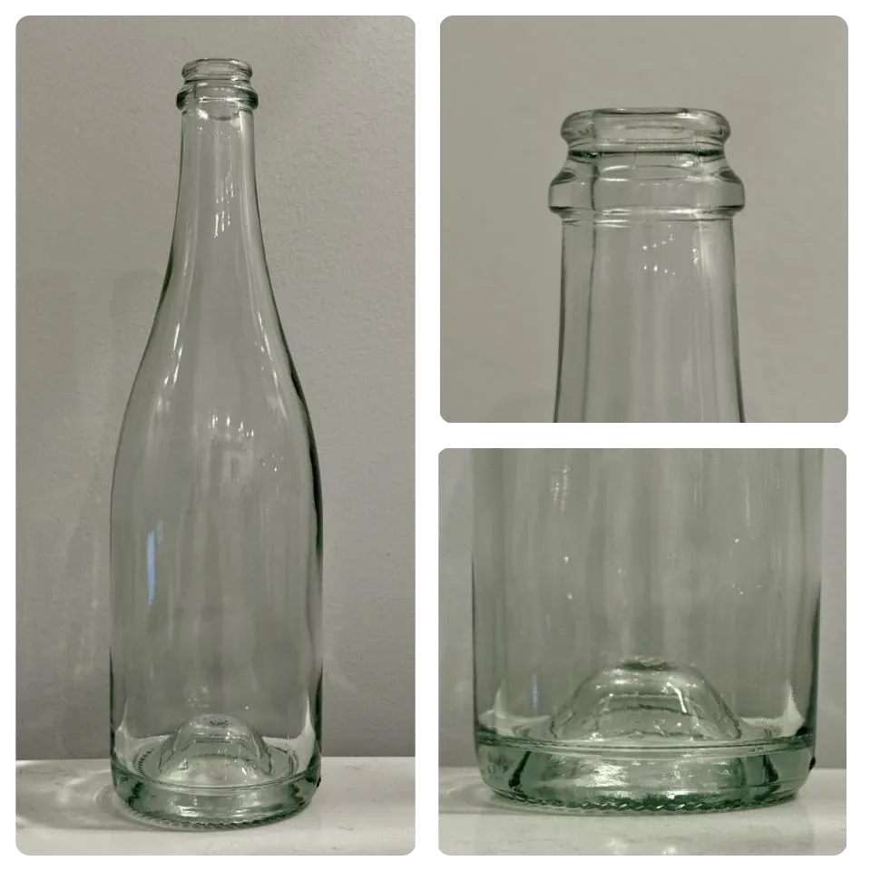 Une bouteille à champagne transparente, avec des gros plans sur son col et sur son fond creusé